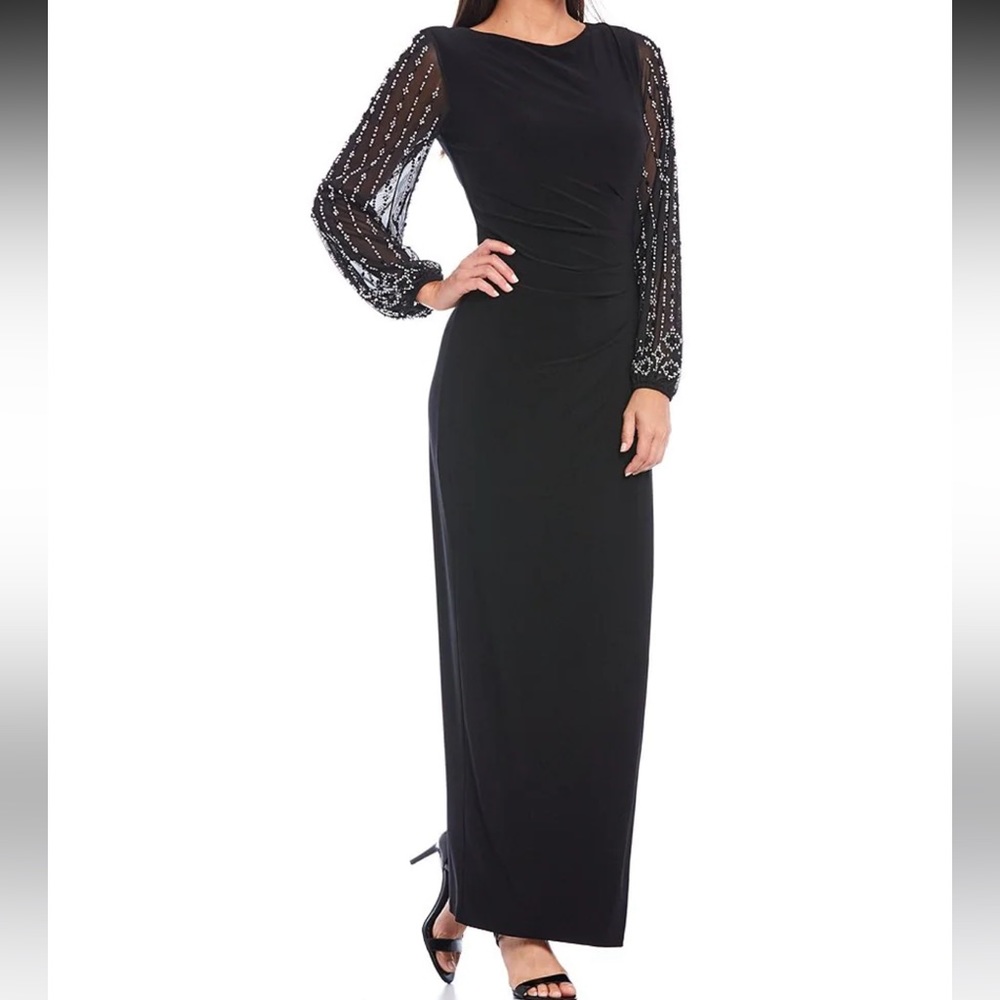 Boat Neck Long Beaded Elastic Cuff Sleeve Matte Jersey Back Slit Sheath Gown